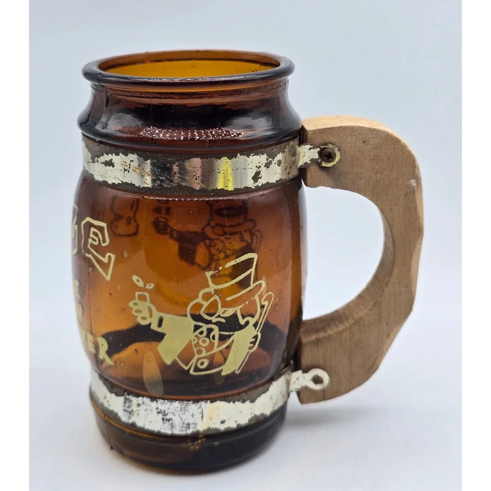 Vintage 70s Siesta Ware Amber Glass Barrel Mug Booze Is The Only Answer Woo